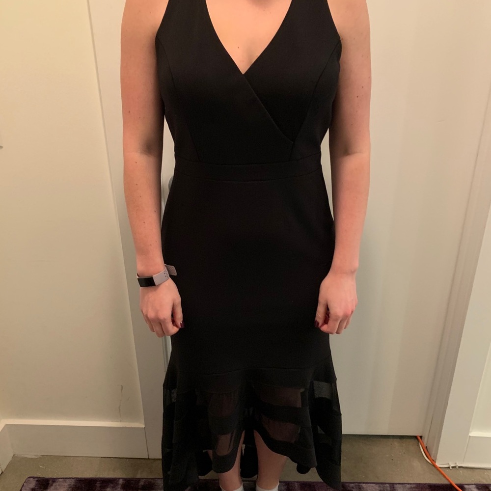 Hi-Low Black Dress with Mesh Detail, Size 14